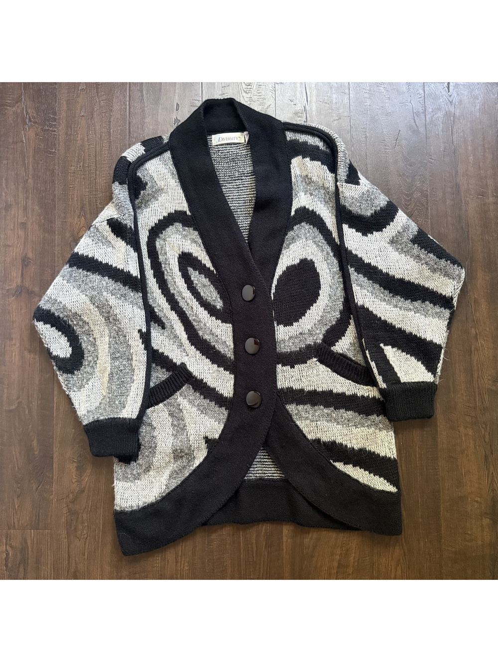 VTG Diversity Oversized Abstract Swirl Cardigan Sweater Black Gray Wool Blend M
